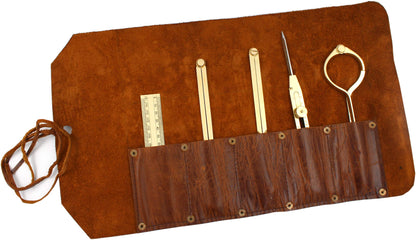 Proportional Divider Set of 5, Full Brass dividers with Executive Handmade Leather Roll Tools Bag, Single Handed 8" Brass Navigation Dividers Compass Set for Maritime, Naval, Geometry and Drafting.