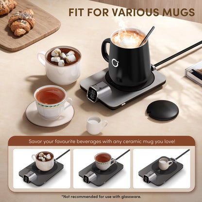 Coffee Mug Warmer Set, Temperature Control Smart Heated Mug for Desk, Electric Coffee Warmer with Auto Shut Off & Real-Time Temp Display, Gifts for Men Women, 15oz, Beige