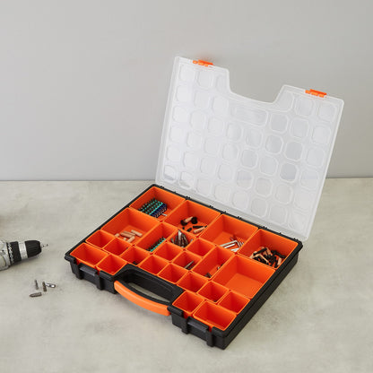 Amazon Basics 19-Removable Compartment Small Parts Organizer, Portable Hardware Storage Box with Customizable Compartments, Black, Orange, 16.5 x 13.2 x 2.4 inches