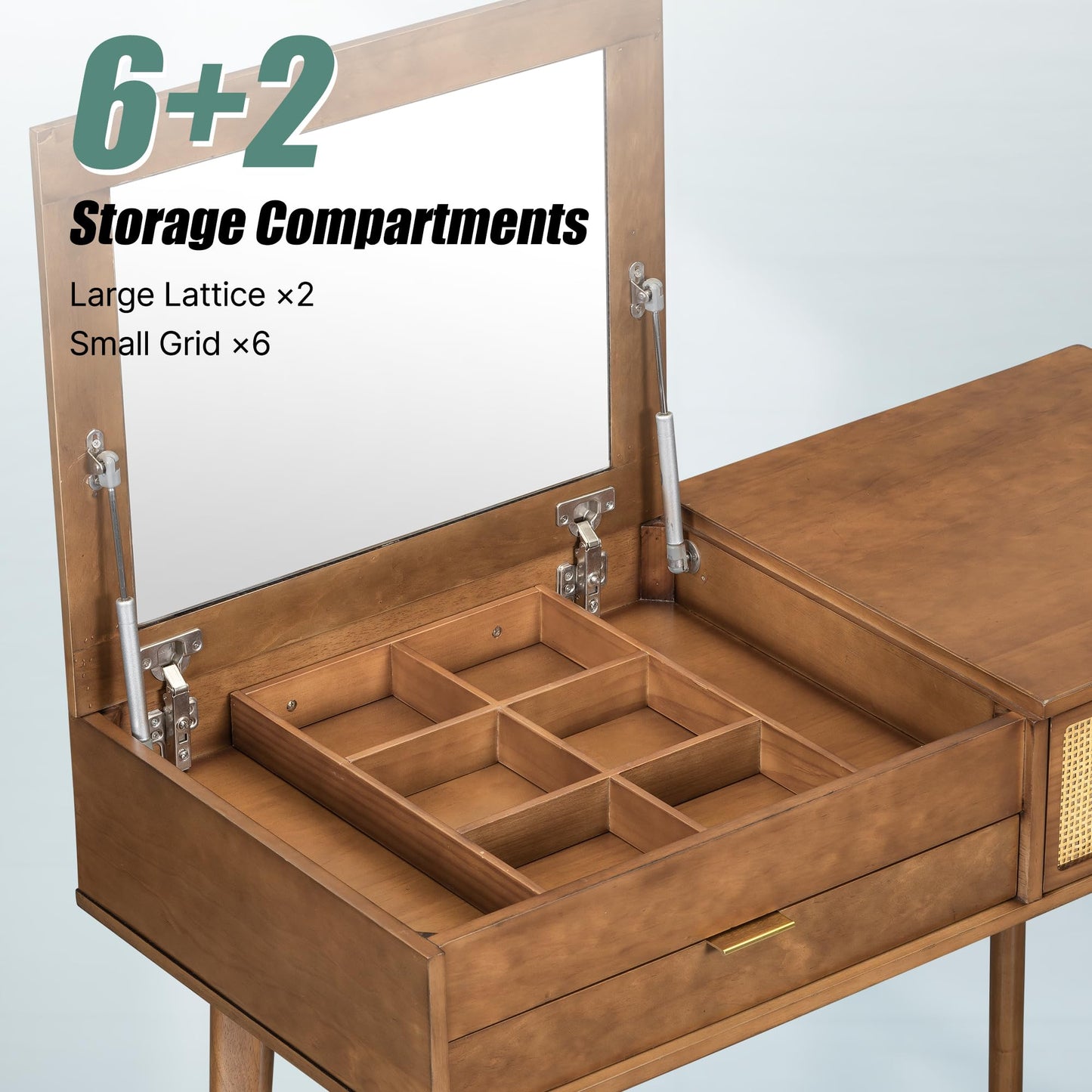 GDFStudio 43.3" Makeup Vanity Set with Flip Top Mirror, Brown Classic Wood Dressing Table with Three Drawers, Upholstered Stool, Hidden Mirror Design, Storage Vanity Furniture for Bedroom