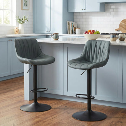 YOUNIKE Grayish Green Bar Stools Set of 2, Faux Leather Padded Counter Height Swivel Bar Chairs, Adjustable Barstools with Back for Kitchen Island, Modern Tall Sunburst-Line Series
