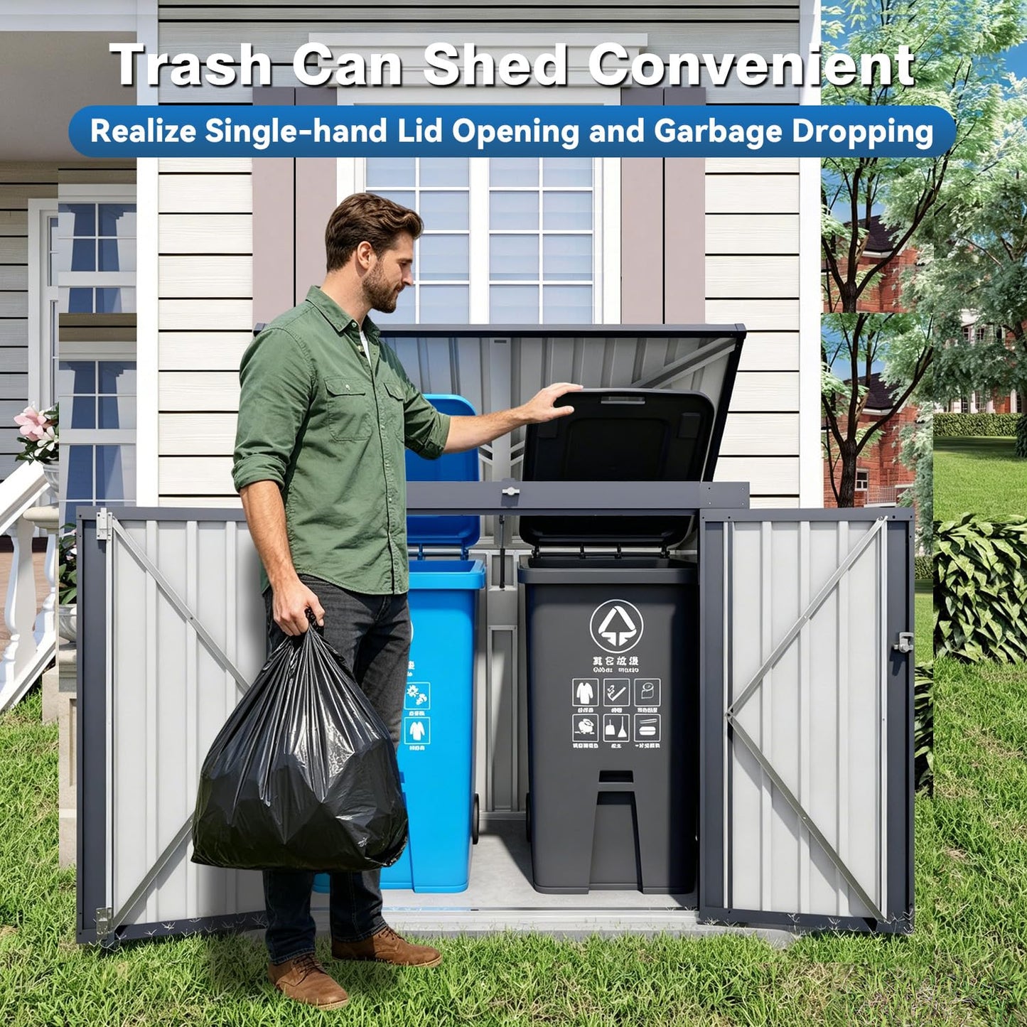Outdoor Storage Shed with Dual Doors & Removable Top Lid, Metal Garden Tool Shed, Weather Resistant Waterproof Trash Can Bike Storage Organizer with Ventilation Sloped Roof Yard Utility Box
