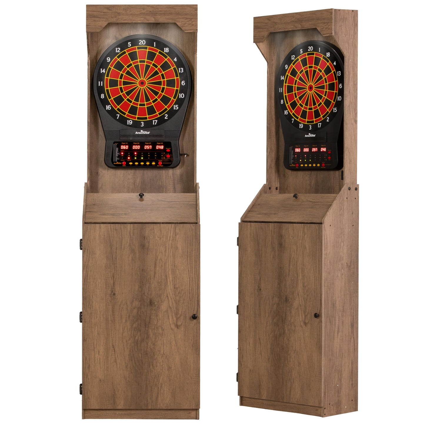 Arachnid Rustic Wood Cabinet: Freestanding LED Unit with E650 Electronic Board. Features 33 Games, 303 Variations, and 8-Player Scoring. Includes 6 Darts and Accessories for a Complete Setup