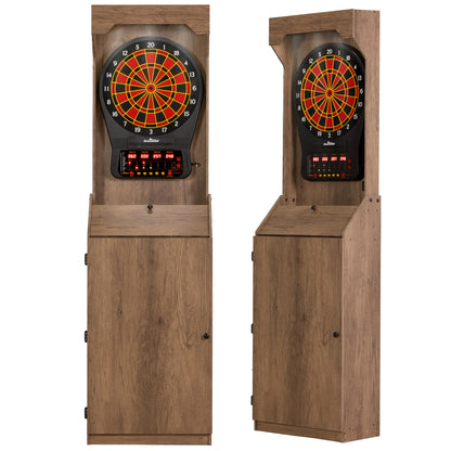 Arachnid Rustic Wood Cabinet: Freestanding LED Unit with E650 Electronic Board. Features 33 Games, 303 Variations, and 8-Player Scoring. Includes 6 Darts and Accessories for a Complete Setup