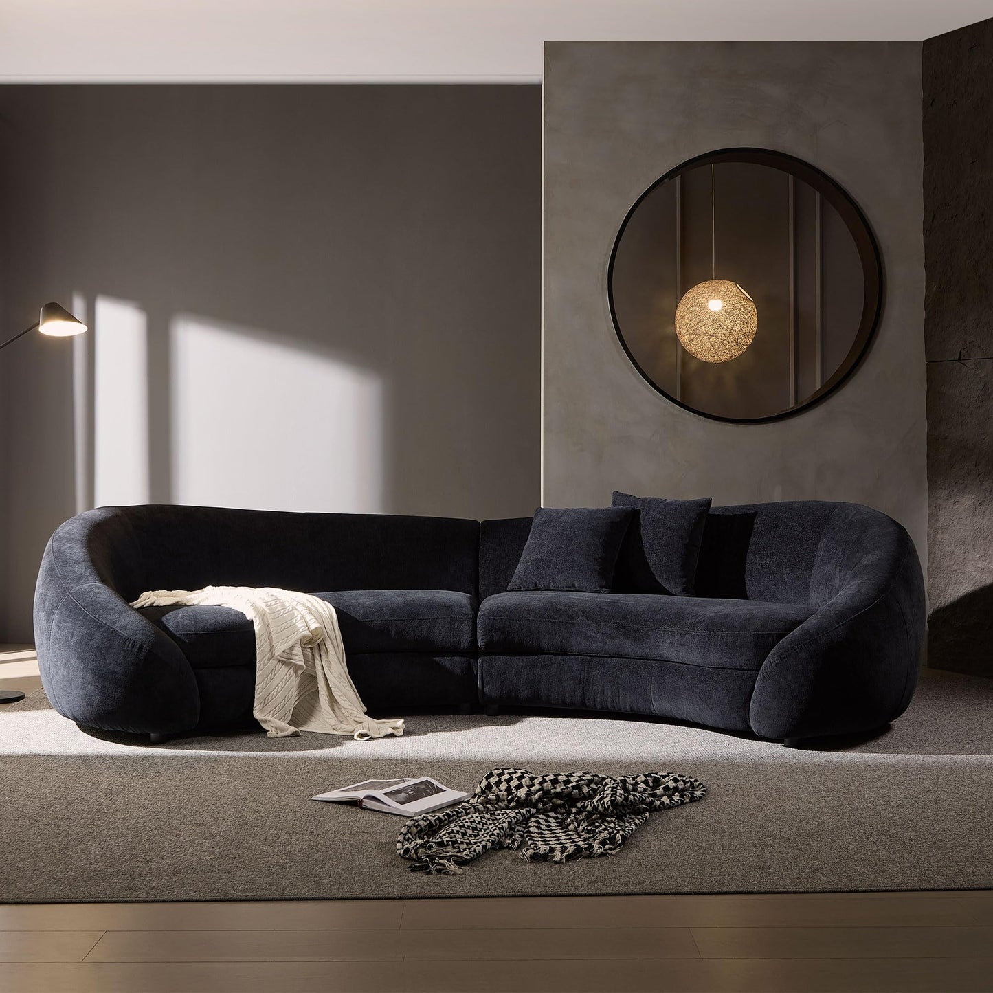 KEIKI 126" Curved Oversized Boucle Sectional Sofa with Love Heart Design, Modern 5-Seater Polyester Couch with 2 Decorative Pillows and Rolled Arms, Easy Assembly, for Apartment, Living Room, Black