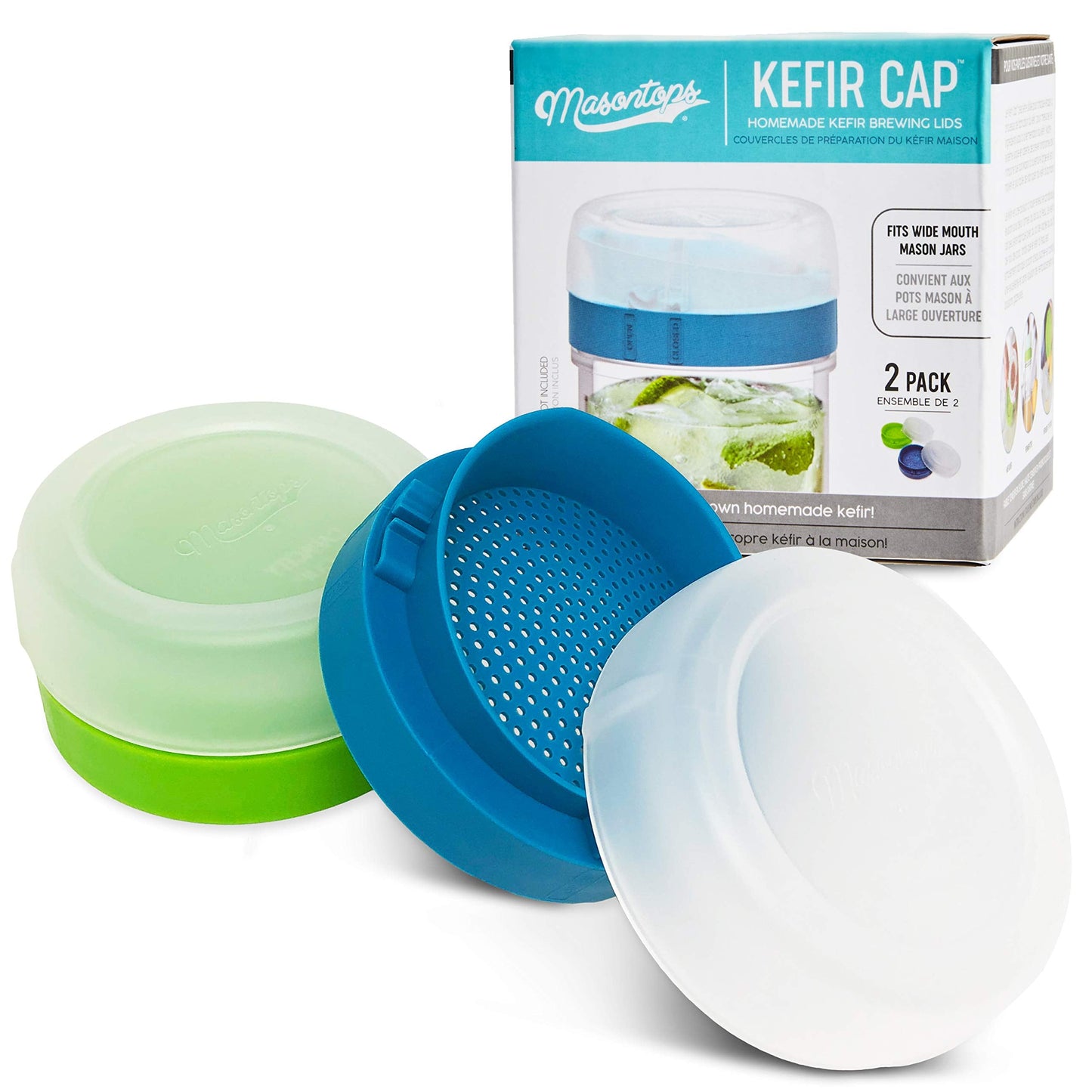 Masontops kefir lid mason jar lids wide mouth mason jar lids living culture grain drainer starter kit for home fermentation 2 packs