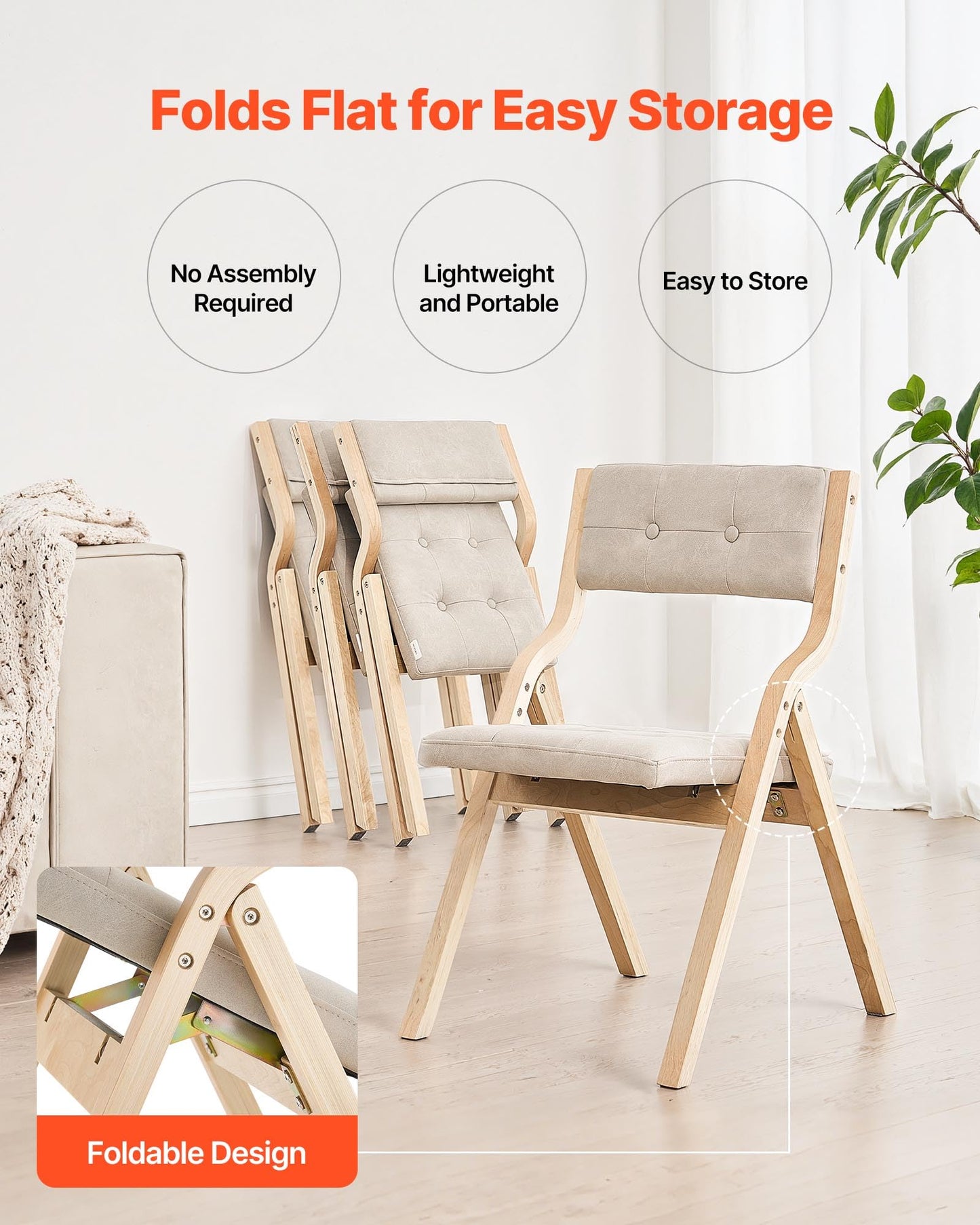 VEVOR Wooden Folding Chairs with Cushion, Set of 4, Portable Foldable Cushion Chair with Wooden Frame, Modern Padded Dining Chair for Kitchen, Office, Wedding, Party, Dining Room, Easy Assembly, Beige
