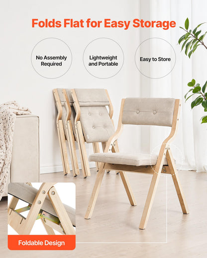 VEVOR Wooden Folding Chairs with Cushion, Set of 4, Portable Foldable Cushion Chair with Wooden Frame, Modern Padded Dining Chair for Kitchen, Office, Wedding, Party, Dining Room, Easy Assembly, Beige