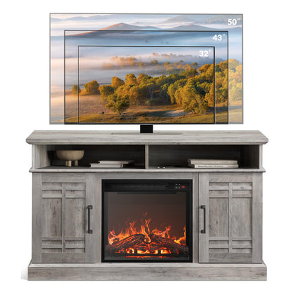 BELLEZE 48" TV Stand with 18" Electric Fireplace Heater, Modern TV Stand for TVs up to 50", Entertainment Media Stand with Open Shelves and Storage Cabinets for Living Room, Bedroom (Grey Wash)