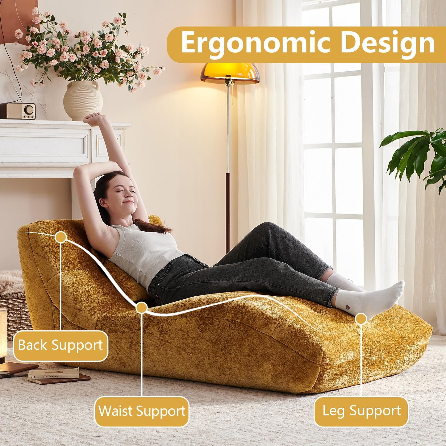 Huadeo Chaise Lounge Chair with Curved Back, Modern Upholstered Recliner Sofa, Tufted Accent Lounger Comfortable Lazy Chair for Bedroom, Apartment (Yellow)