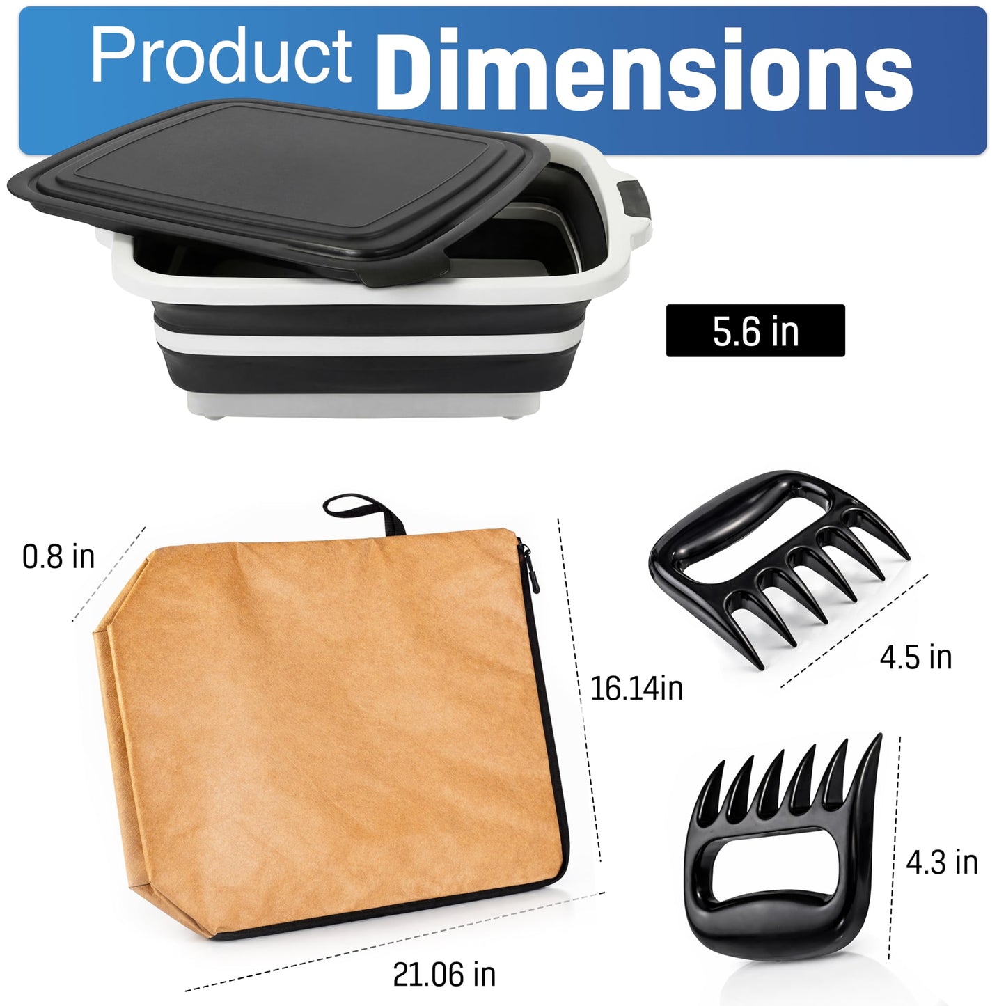 3pcs BBQ Prep Tub, BBQ Blanket, Meat Shredder Claws | Collapsible 3 in 1 Cutting Board with Colander & Dish Basin, Insulated 21" Meat Resting Bag, Barbecue Grilling Accessories with Tub