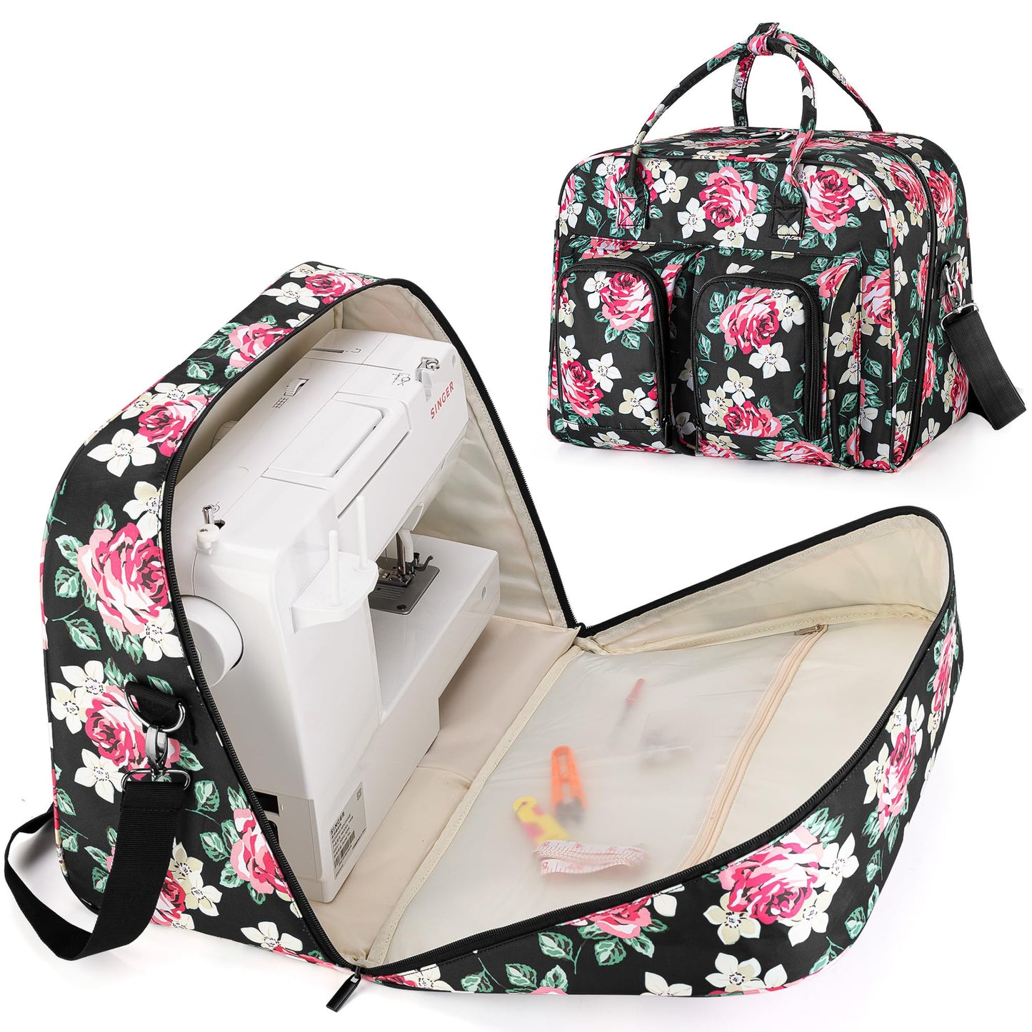 Teamoy Sewing Machine Carrying Case, Sewing Machine Tote with Bottom Wooden Board Pad for Most Standard Sewing Machines and Accessories, Peony