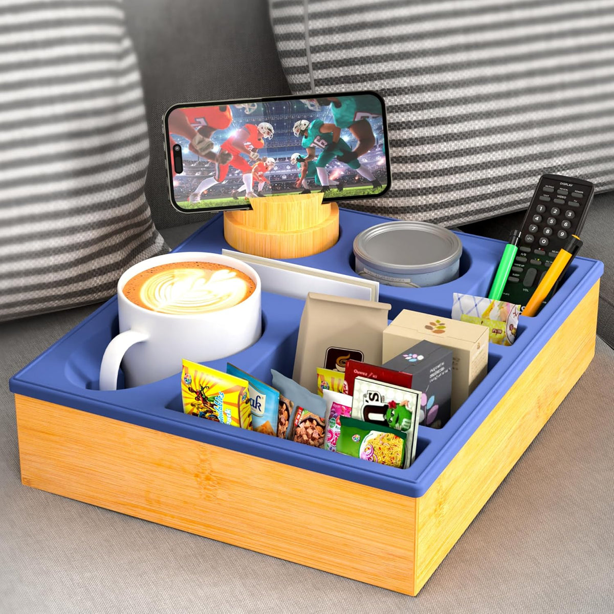 Couch Cup Holder Tray - Silicone Beach Caddy with Cup Holder, Sofa and Bed Drink Holder, Blue