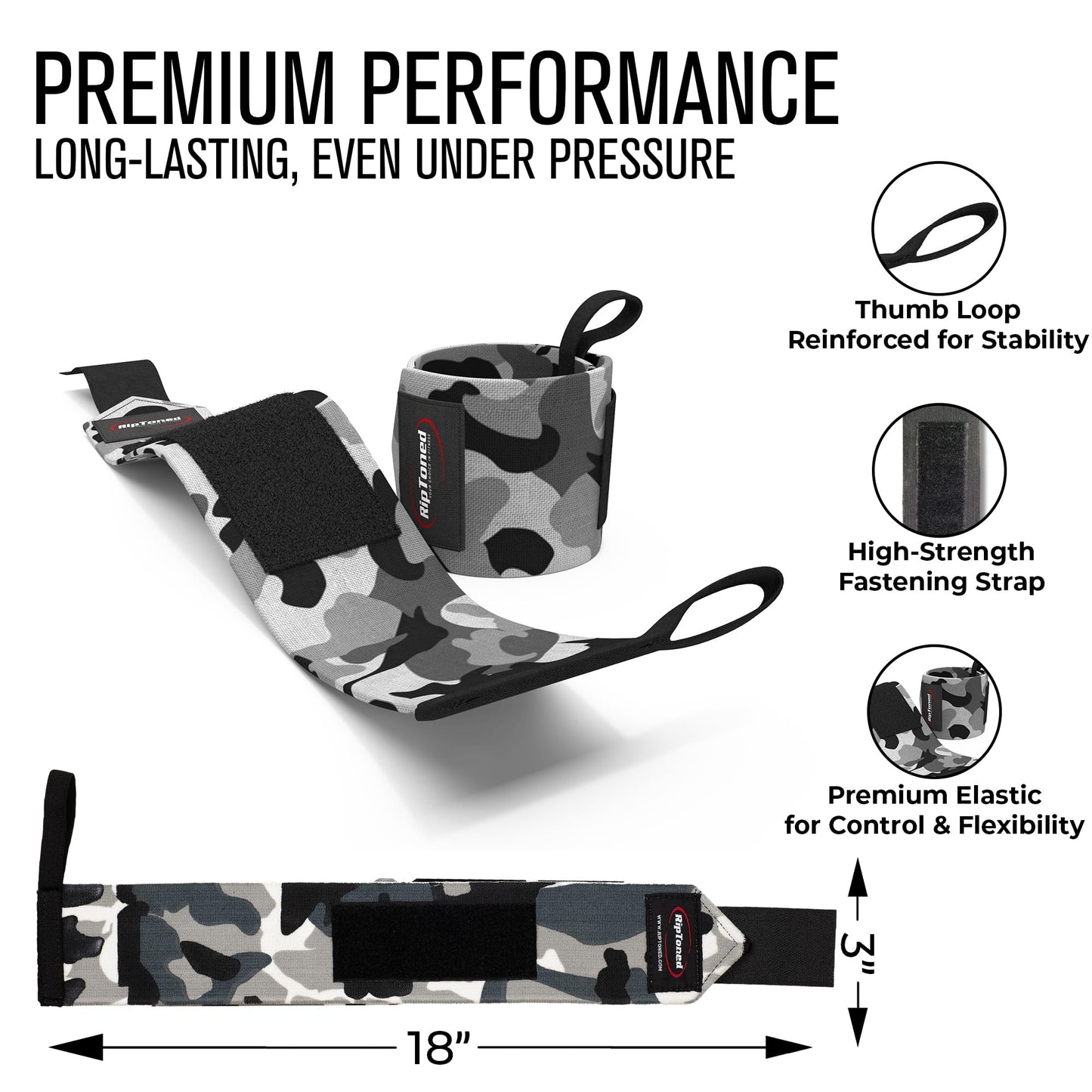 Rip Toned 18” Wrist Wraps - USPA Endorsed Wrist Straps for Weightlifting - Quality Wrist Support - Adjustable, Durable, Machine Washable - Gym Wraps for Powerlifting - for Men & Women