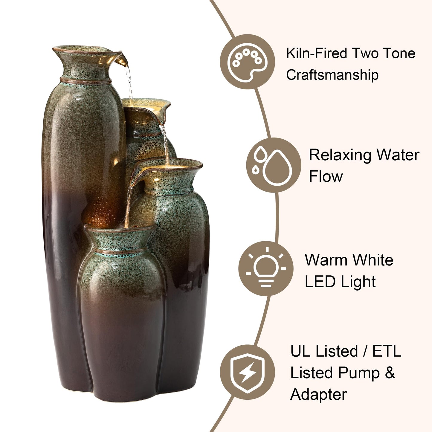 Glitzhome 30.75" H Vase Ceramic Outdoor Water Fountain with LED Lights and Pump, 4-Tier Olive Green and Brown Reactive Glaze Cascading Pots Standing Fountain for Porch Deck Garden Patio Backyard