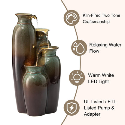 Glitzhome 30.75" H Vase Ceramic Outdoor Water Fountain with LED Lights and Pump, 4-Tier Olive Green and Brown Reactive Glaze Cascading Pots Standing Fountain for Porch Deck Garden Patio Backyard