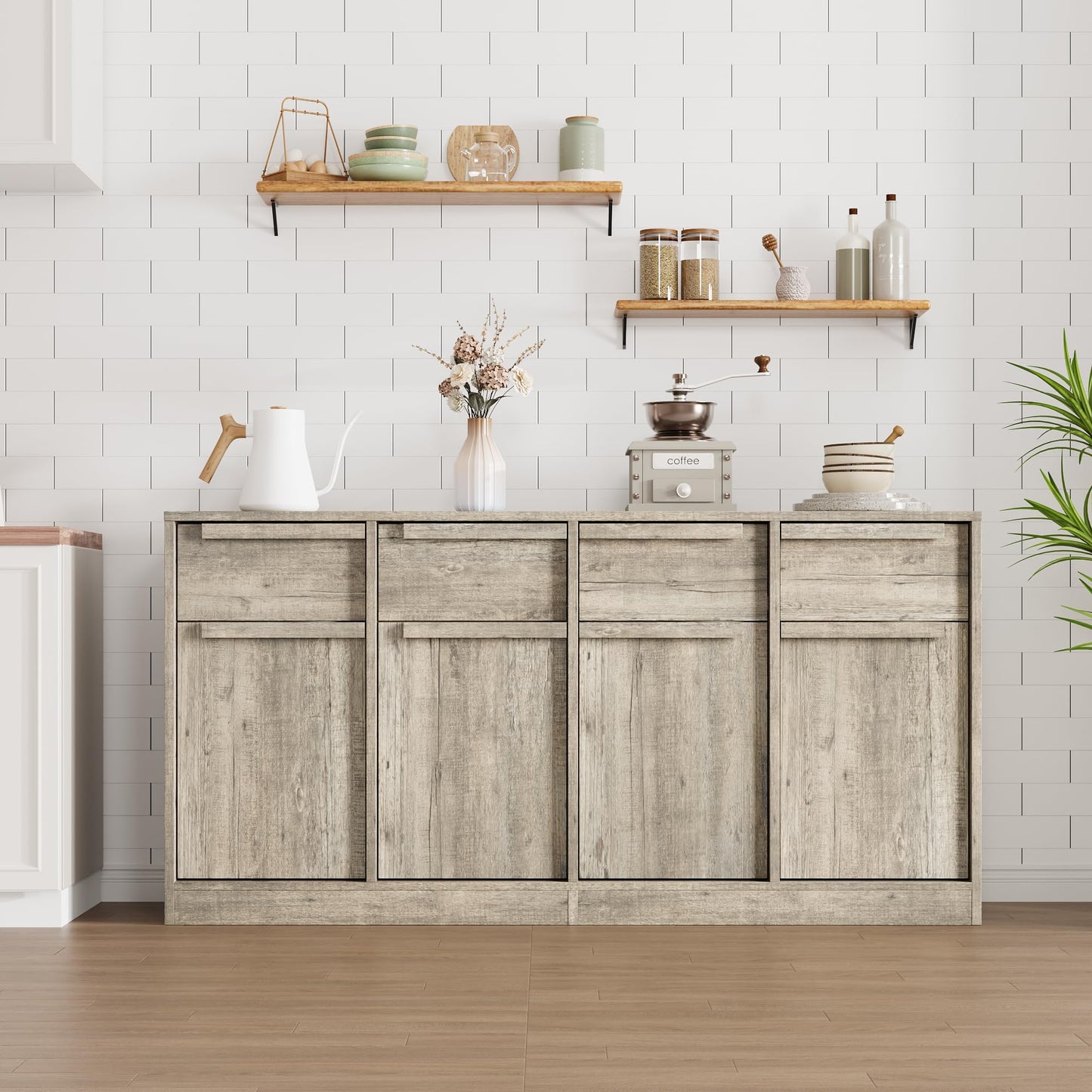 PioneerWorks Sideboard Buffet Cabinet with 4 Drawers, 62.4 Inch Large Coffee Bar Cabinet, Modern Storage Cabinet for Kitchen Dining Room, Gray Buffet Table with Storage, 4 Doors & 4 Drawers