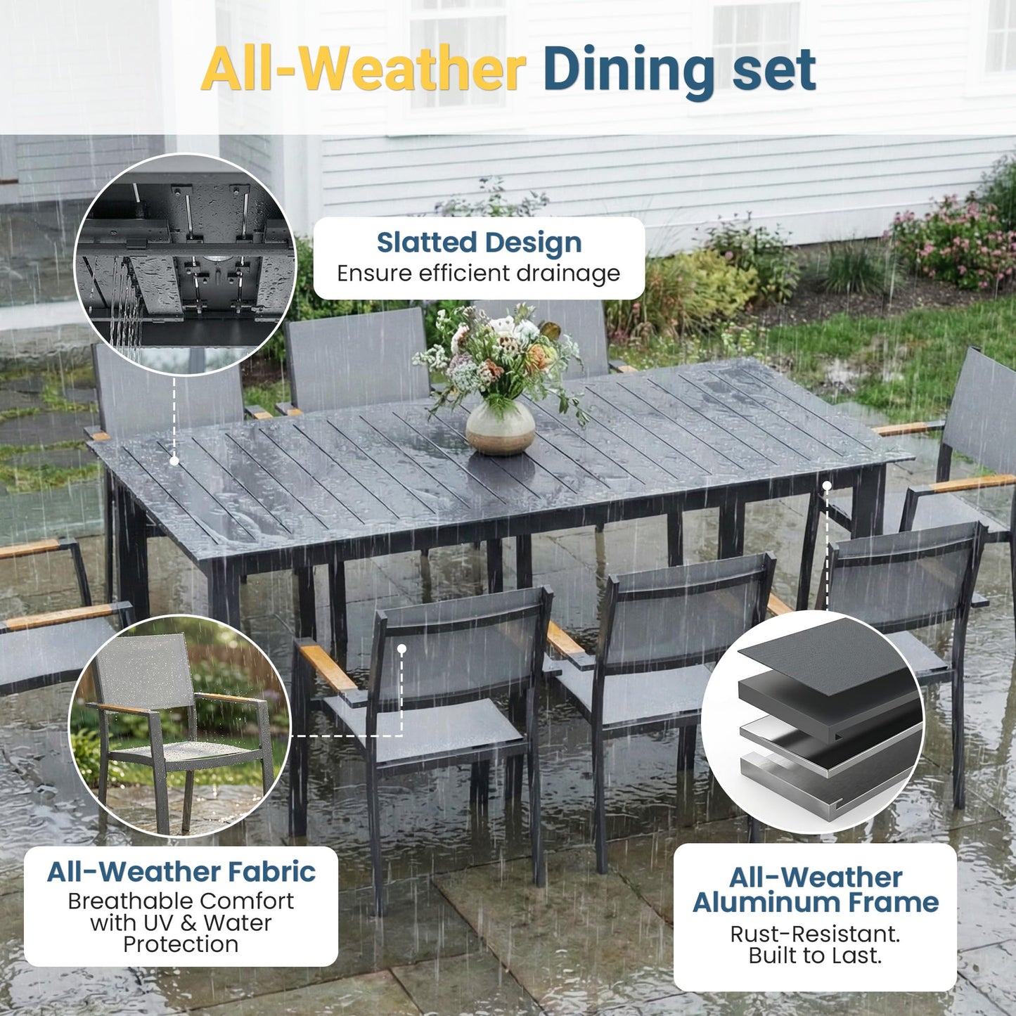 Wisteria Lane 13 Piece Aluminum Outdoor Dining Sets with 3-Adjustable Length Dining Table, 121" L×39.4" W Expandable Patio Table and Chairs Set for 12, Stackable Chairs with Quick Drying Fabric, Grey