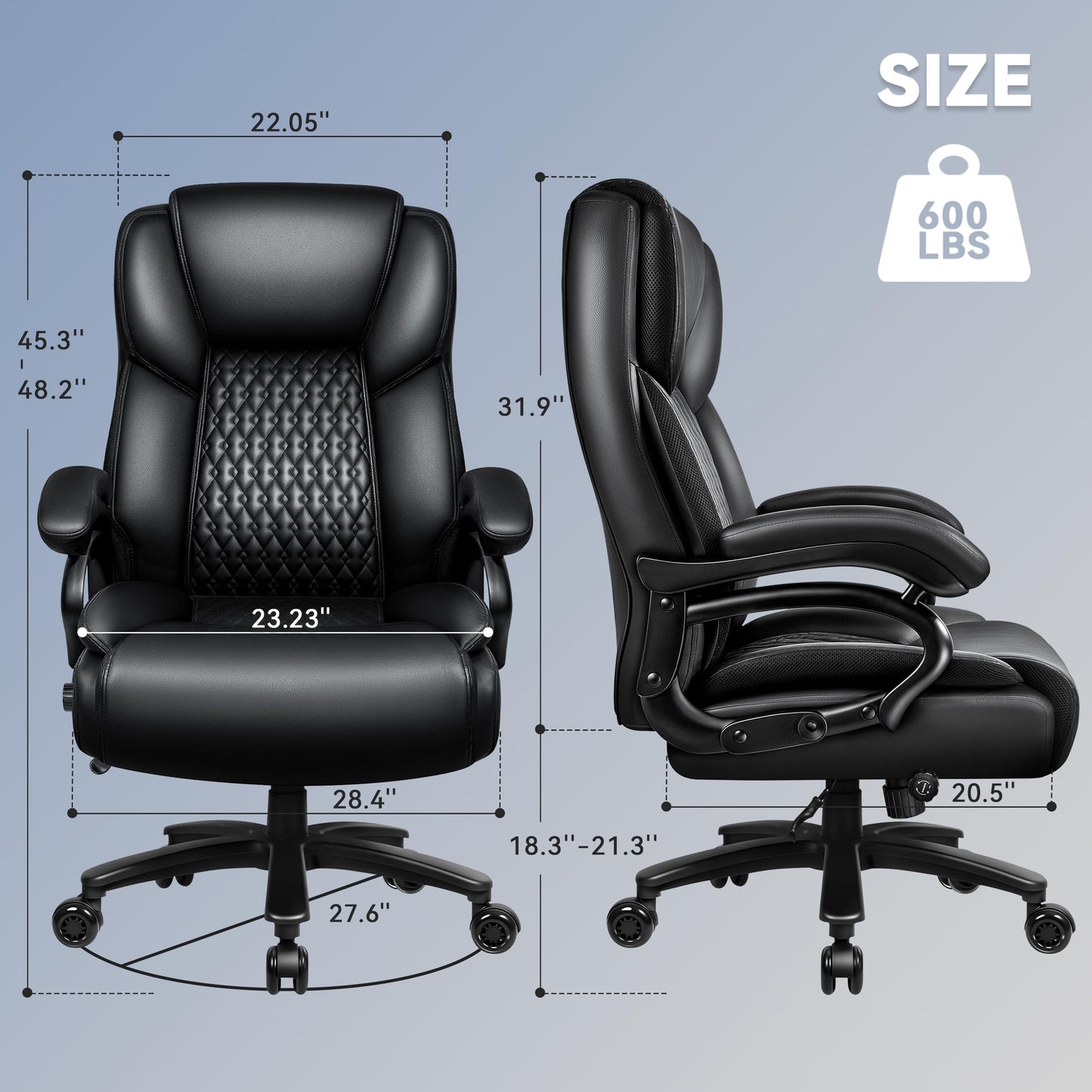 Big and Tall Office Chair 500lbs, Heavy Duty Executive Office Leather Chair for Heavy People, High Back Ergonomic Office Chair with Lumbar Support & Quiet Rubber Wheels, Extra Padded Seat, Black