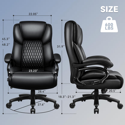 Big and Tall Office Chair 500lbs, Heavy Duty Executive Office Leather Chair for Heavy People, High Back Ergonomic Office Chair with Lumbar Support & Quiet Rubber Wheels, Extra Padded Seat, Black