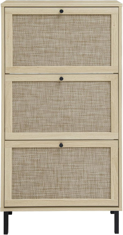 ZeHuoGe Natural Rattan Shoe Storage Rack - Modern 3-Tier Cabinet with 3 Flip Drawers for Entryway