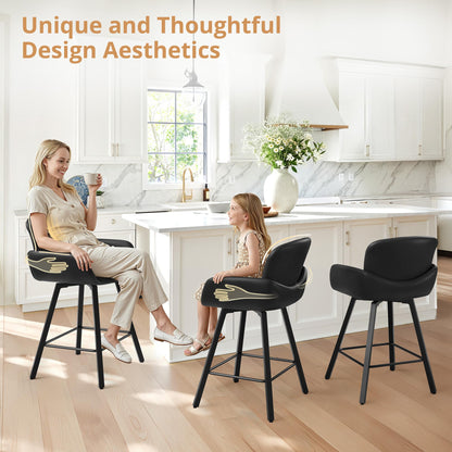 LUE BONA 26" Swivel Bar Stools Set of 4, Counter Height Bar Stools with Backrest and Arms, Modern Upholstered Barstools with Metal Legs for Kitchen Island, Black