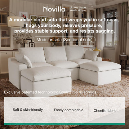 Novilla 104.3" Modular Cloud Couch, Modern Sectional Sofa with Smarts Coil® Support, Chenille Fabric, Upholstered Couch for Living Room Apartments Bedroom, No Assembly, 3 Seater + 1 Ottoman, White