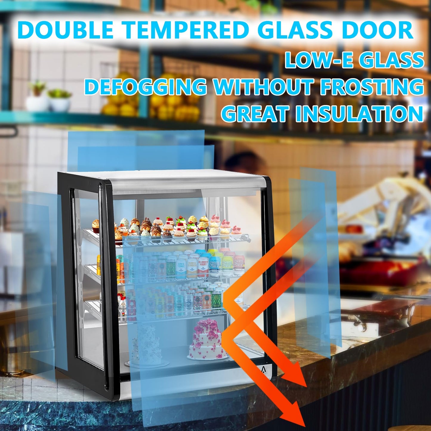 Festisoul Commercial Refrigerated Display Case, 196L Glass Door Countertop Refrigerator with Double Layer Tempered Glass, 110V for Restaurants, Cafes, Stores, Black