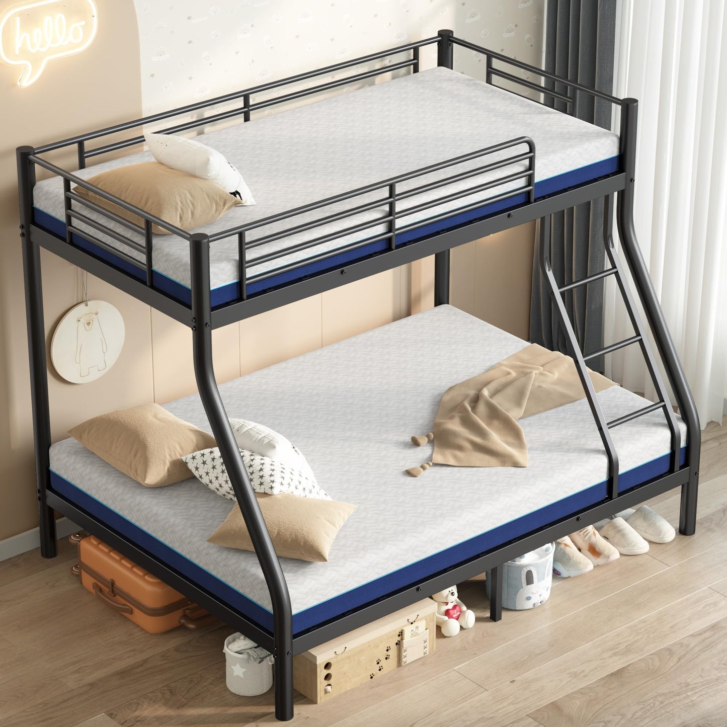 soges Twin Over Full Metal Bunk Bed Set with 6" Mattresses Included, All-in-One Bunk Bed for Adults, Heavy Duty Bunk Beds with Ladder & Guardrail, with Two Memory Foam Mattresses, Black