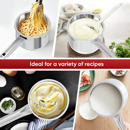 SUNHOUSE – 3 Quarts Stainless Steel Sauce Pan with Lid - PFOA-Free, Stainless Steel Sauce Pan, Advanced Impact Bonding Induction Base, Stay-Cool Handle, Compatible with All Cooktops
