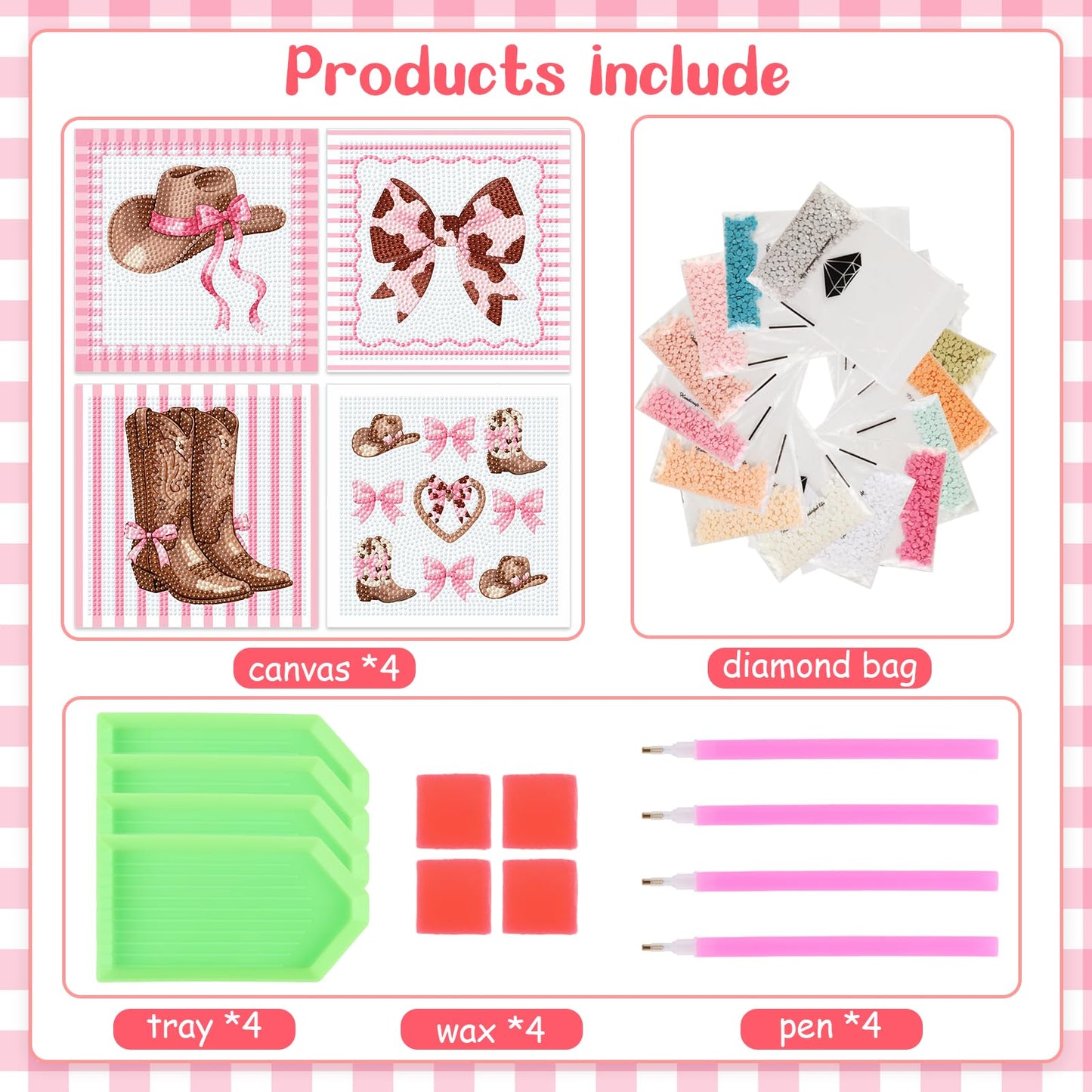 SHADOAMP Western Cowgirl Diamond Art Kit Set of 4 - DIY Rhinestone Canvas Craft Featuring Pink Bows, Hats & Boots Designs, Creative Diamond Art Kits for Home Decor and Family Craft Projects