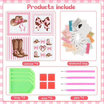 SHADOAMP Western Cowgirl Diamond Art Kit Set of 4 - DIY Rhinestone Canvas Craft Featuring Pink Bows, Hats & Boots Designs, Creative Diamond Art Kits for Home Decor and Family Craft Projects