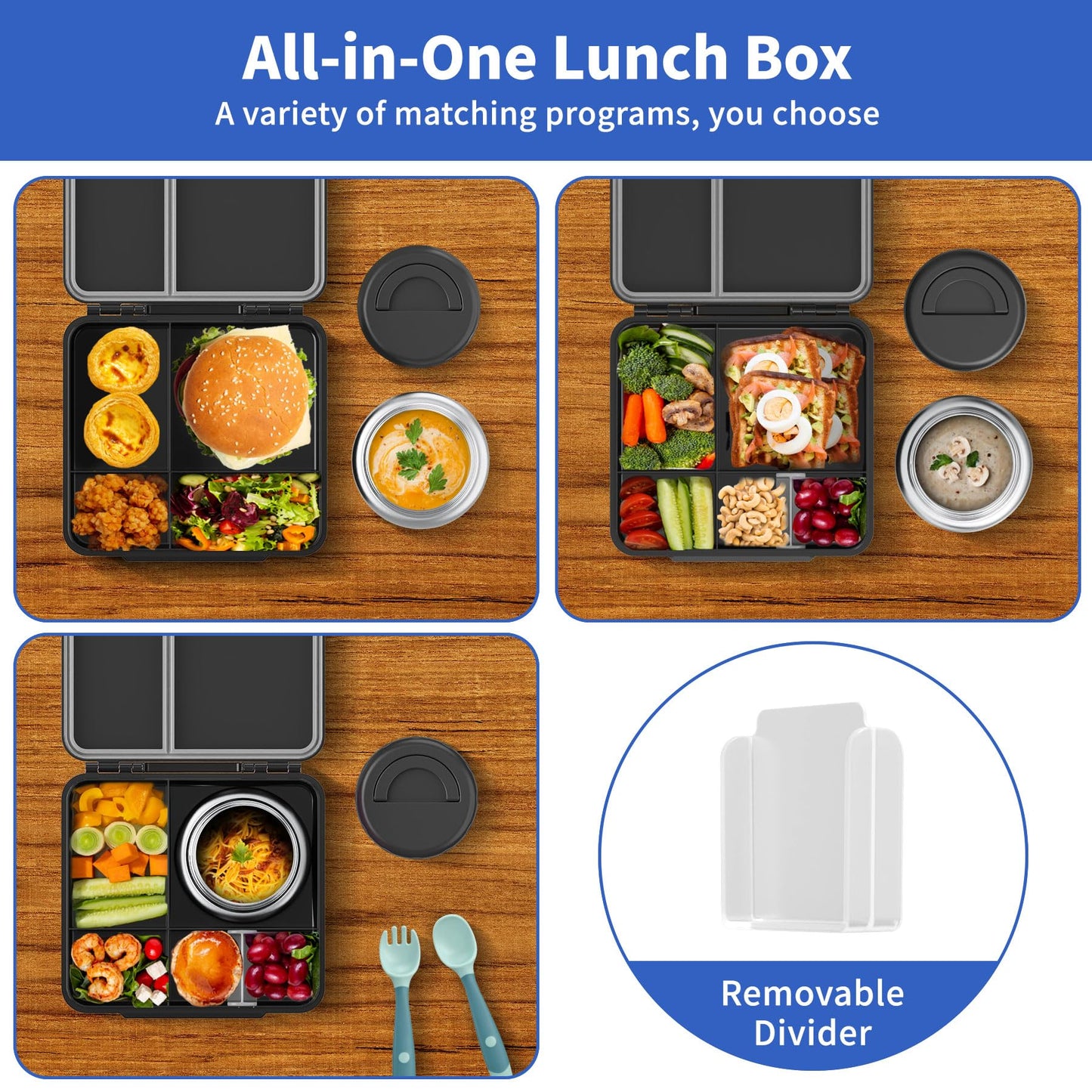FAJSL Bento Box for Kids with Thermo Food Container (9oz), 4-Compartment Lunch Box, Adjustable Divider, Leakproof Bento Lunch Box, Includes Utensils & Carry Bag for School, Office(Black)