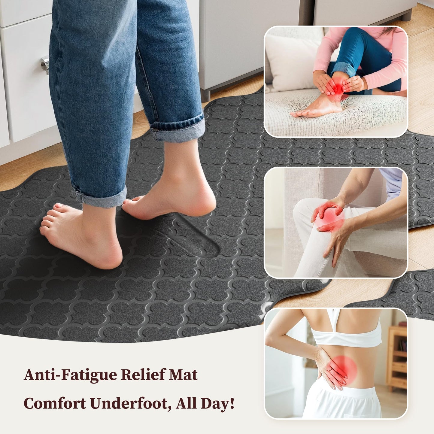 Arenarug Upgrade Scalloped Embossed Kitchen Mats for Floor 2PCS Cushioned Anti Fatigue Waterproof Foam Kitchen Rugs Non Slip Washable Comfort Standing Mat for Office Sink Laundry, Black