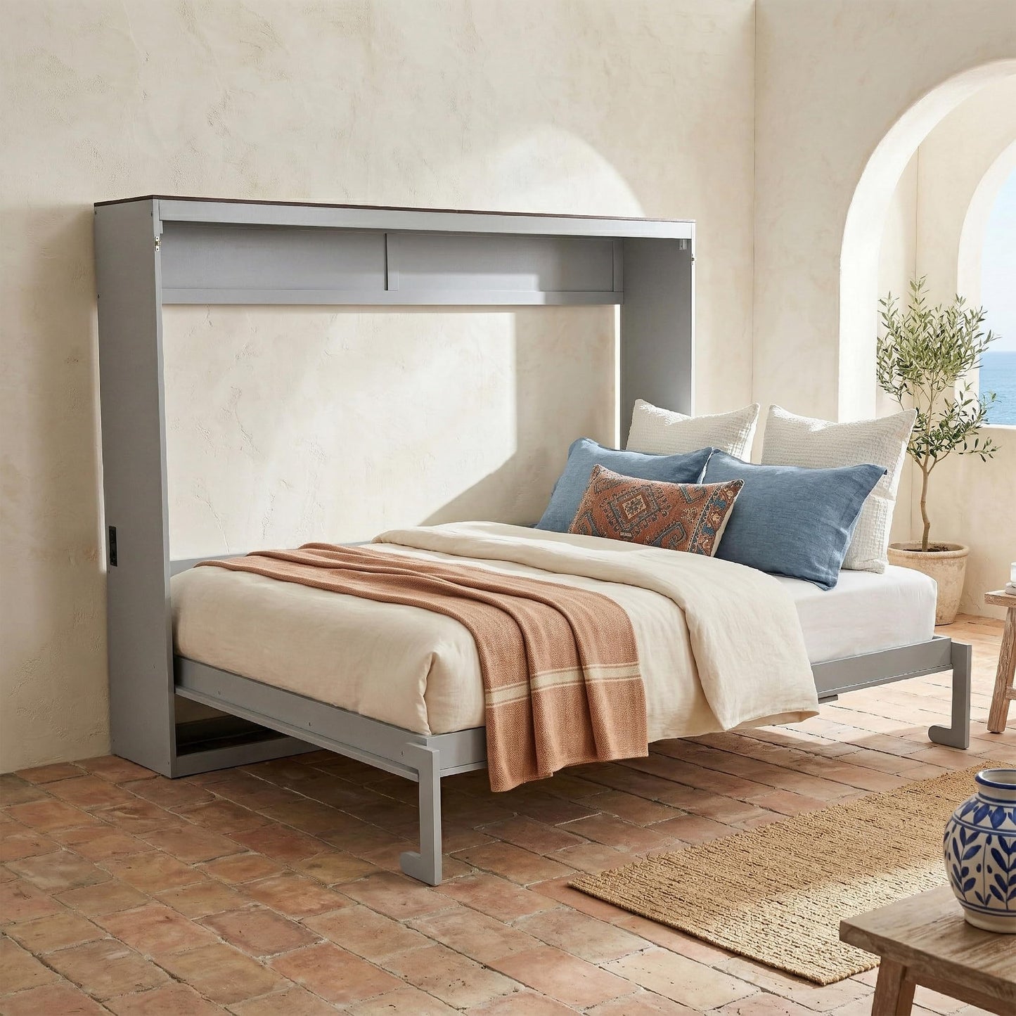 Merax Queen Murphy Bed Wall Bed with USB Ports, Foldable Cabinet Bed Frame, Space Saving Hideaway Bed with Wooden Slats, No Box Spring Required for Guest Room, Apartment, Queen