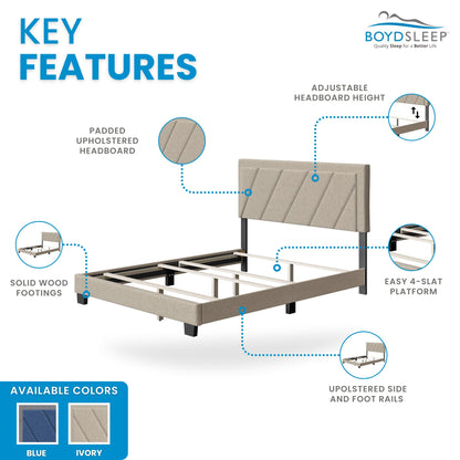 Boyd Sleep Diagonal King Size, White Linen Upholstered Platform Bed with Adjustable Headboard - Qualified Box Spring or Foundation Required for Use