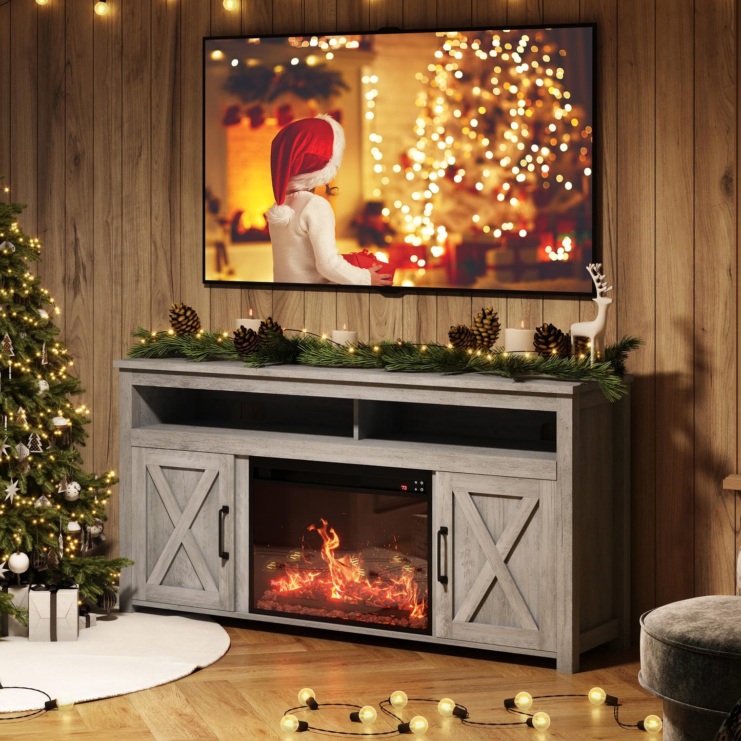 BELLEZE 58" Farmhouse Fireplace TV Stand for TVs up to 65", 23" Electric Fireplace Heater with Sound, Entertainment Center Media Console Table Barn Door Storage Cabinets for Living Room -Gray