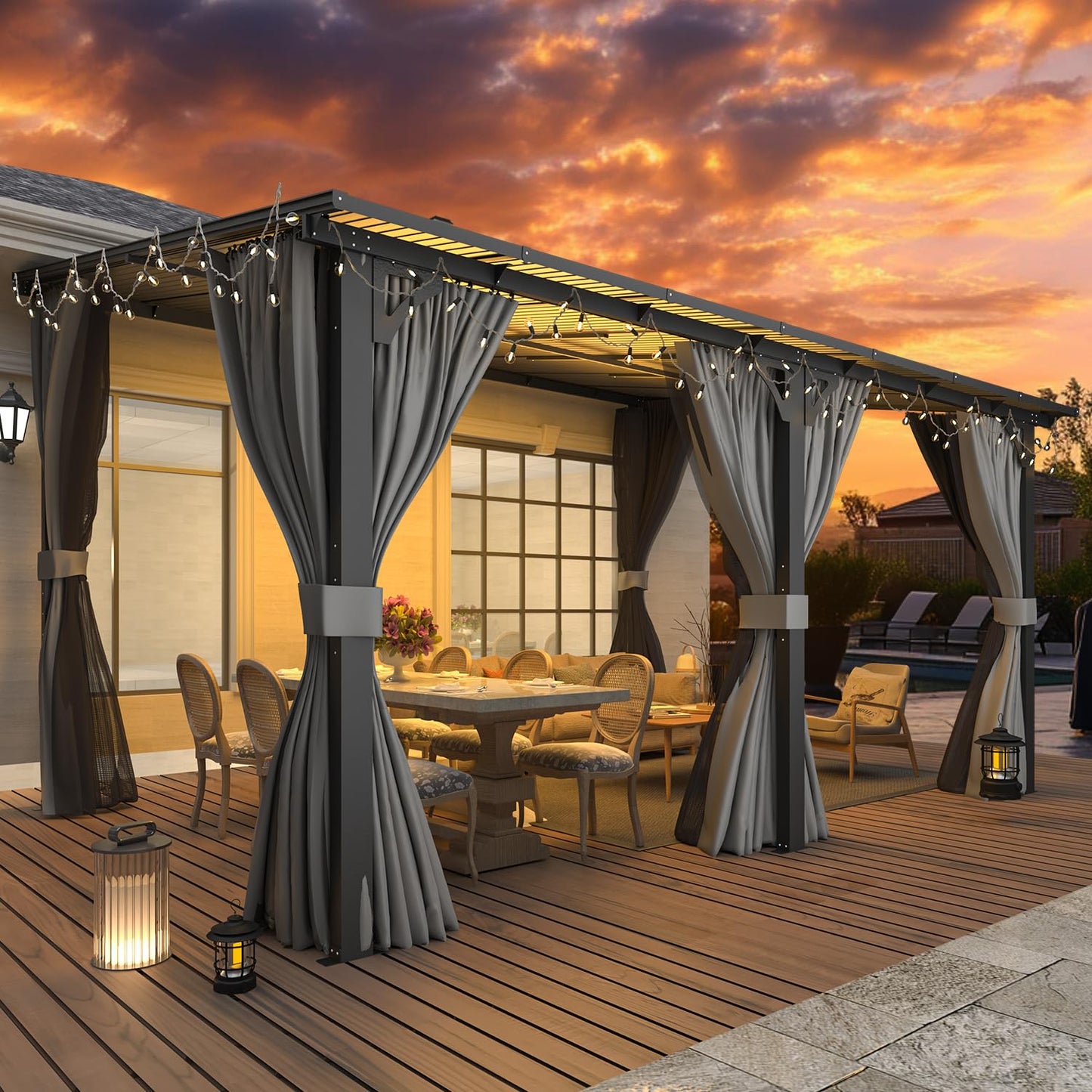AECOJOY 14' x 10' Gazebo for Patio, Hard Top Lean to Gazebo Pergola with Curtains and Mosquito Netting, Large Wall-Mounted Heavy Duty Awnings for Patio, Decks, Backyard and More