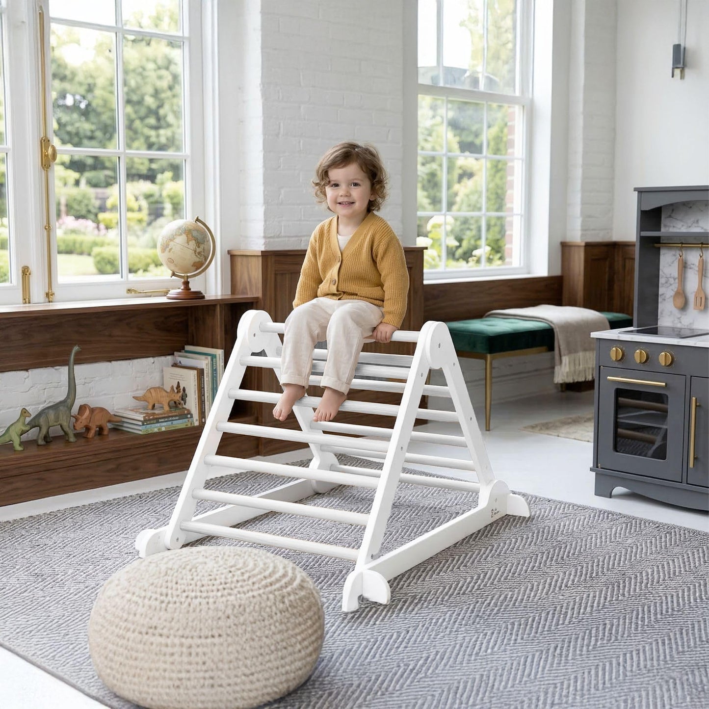 Little Partners Learn 'N Climb Foldable Wooden Climbing Triangle, Wood Climbing Gym for Toddlers, Triangle Climber for Skill-Building and Active Play, Soft White