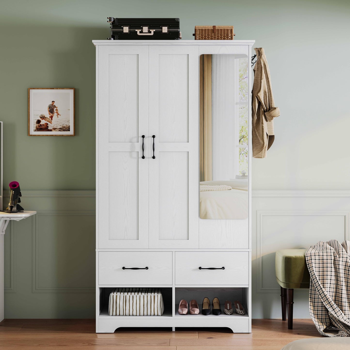 LIKIMIO 3 Doors Armoire Wardrobe Closet with Mirror, 2 Shoe Racks, 70" H Wooden Bedroom Armoires with 2 Drawers and Adjustable Shelves, Freestanding Closet Storage Cabinet with Hanging Rail, White