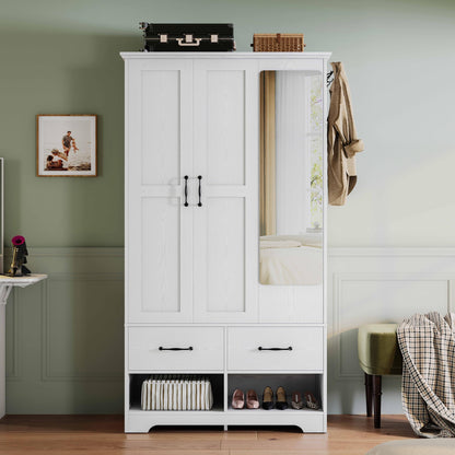 LIKIMIO 3 Doors Armoire Wardrobe Closet with Mirror, 2 Shoe Racks, 70" H Wooden Bedroom Armoires with 2 Drawers and Adjustable Shelves, Freestanding Closet Storage Cabinet with Hanging Rail, White