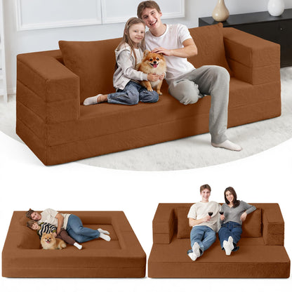 Cansunna Folding Bean Bag Chair for Adults,3-in-1 Bean Bag Couch Faux Fur Floor Sofa Large Beanbag Convertible Bean Bag Sofa Bed with Pillow in Bedroom,Living Room,Apartment(Queen,Caramel)