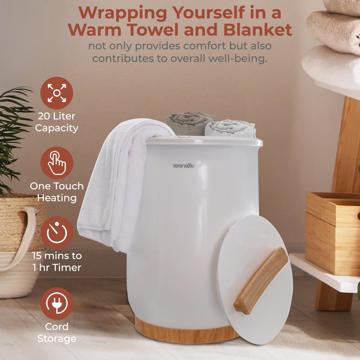 SereneLife Towel Warmer, 20L Capacity Hot Towel and Blanket Warmer with Digital Display, Adjustable Heating Time (20-90 min), Holds 2 Large Towels, Fragrant Disc Holder, 13” x 13” x 19” - inches