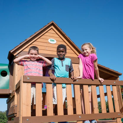 Backyard Discovery Woodridge Elite Cedar Wood Swing Set with Wave Slide, Clubhouse, Crawl Tunnel, Crow's Nest, Belt Swings, Trapeze, Rock Wall Ladder, Sandbox, Wrap-Around Porch, Deck, Outdoor Playset