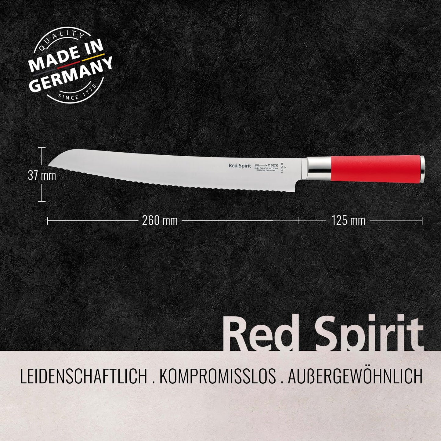 F. DICK – Red Spirit Bread Knife - Serrated Knife with 10.2" Curved Blade & 56 HRC - Ideal for Bread, Fruit & Vegetables - Stainless Steel - Ultra Sharp - Ergonomic Handle - Made in Germany