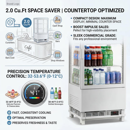 IDEALHOUSE 2.0 Cu.Ft. Countertop Bakery Display Refrigerator with LED Lighting, Rear Sliding Door, Air-Cooling, and Automatic Defrost for Cafes and Restaurants, White