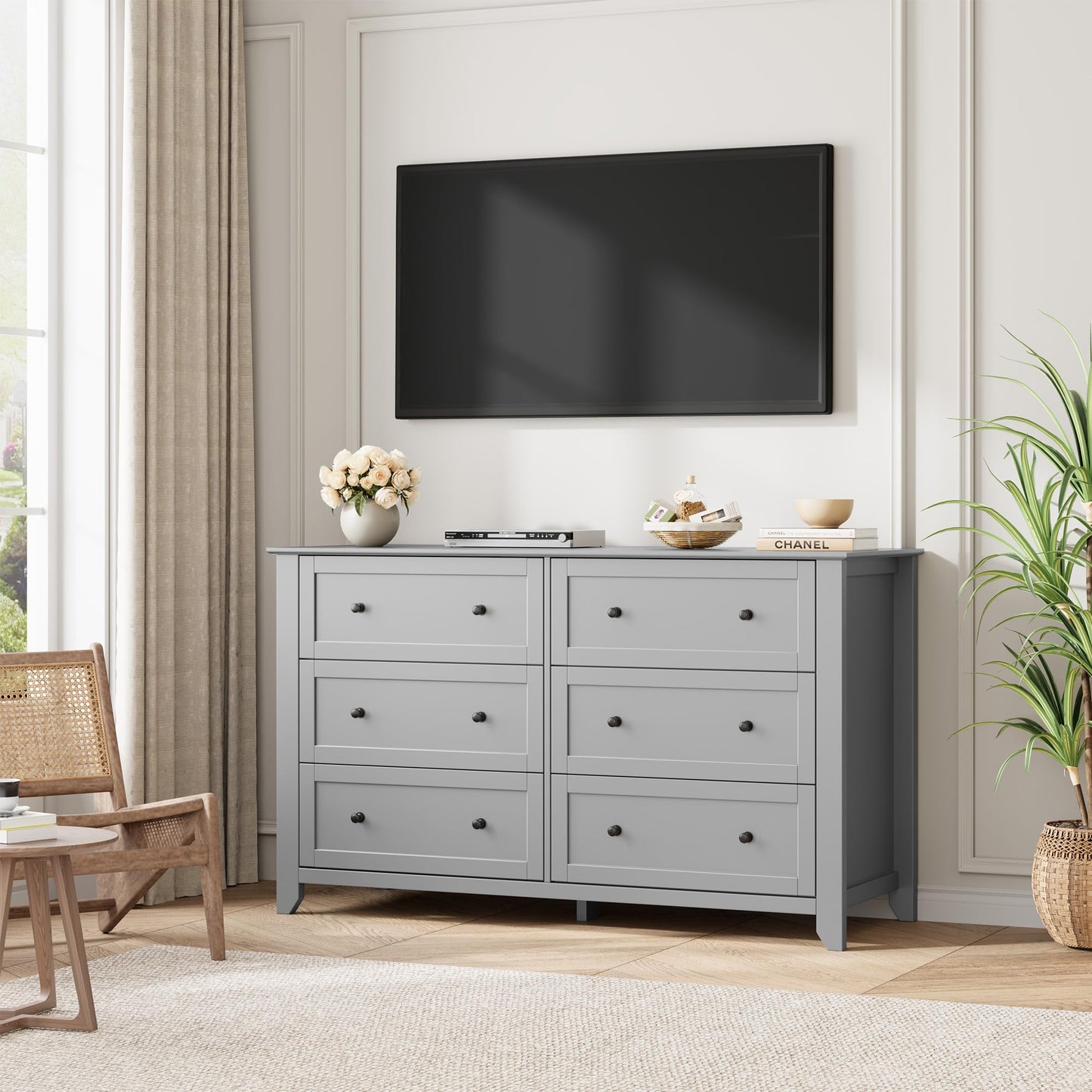 IDEALHOUSE Grey 6 Drawer Dresser for Bedroom, 54" Wide Large Dresser with Deep Drawers & Metal Knobs, Modern Wooden Chests of Drawers for Entryway, Hallway