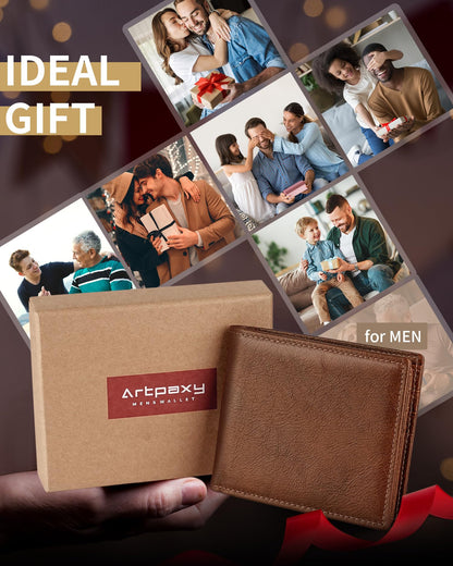 Artpaxy Mens Wallet Genuine Leather Bifold RFID Blocking Wallet for Men with 1 ID Window 13 Card Holders 2 cash pockets 1 Gift Box
