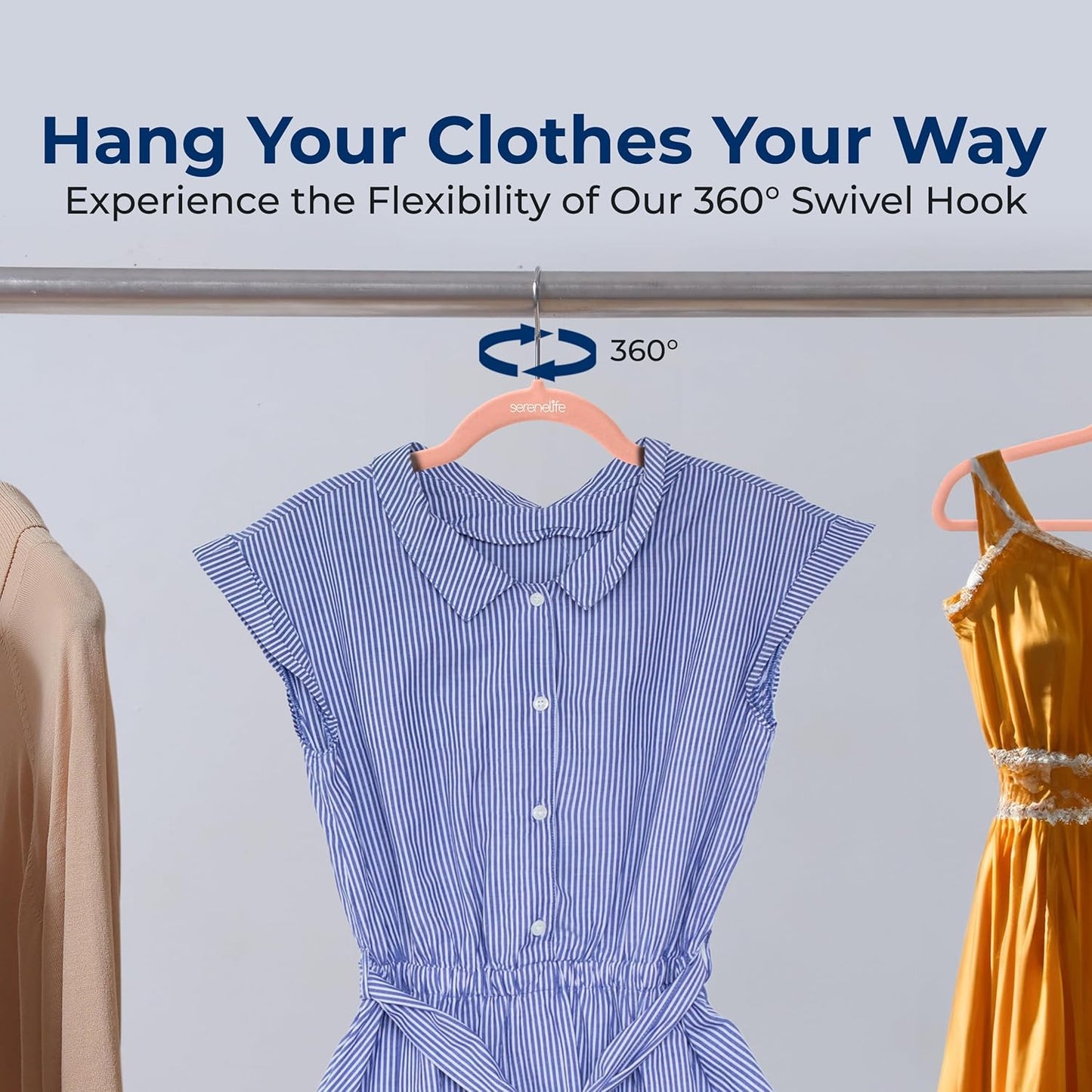SereneLife Velvet Hangers - Non-Slip Felt Design with 360° Swivel Hook - Ultra-Thin & Space-Saving for Shirts, Sweaters, Kids Clothes & More