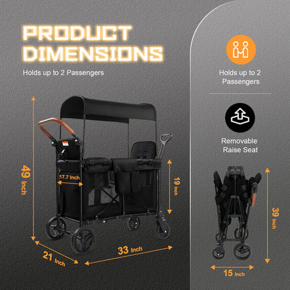 Wagon Stroller for 2 Kids, Foldable All-Terrain Wagon for Kids with Canopy, Adjustable Push and Pull Handles,Convertible High Seat & Organizer, 5 Point Harness (Black)